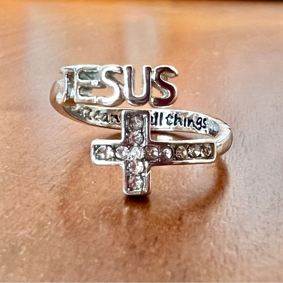 Silver Jesus and Rhinestone Cross Ring - Picture 2 of 4